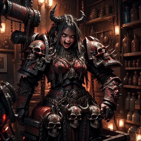 1 female, khornate berzerker, broken horn, red colored skin, fangs, drool, demon horns, demon wings, spiked armor, skull jewelry...