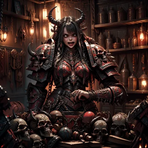 1 female, khornate berzerker, broken horn, red colored skin, fangs, drool, demon horns, demon wings, spiked armor, skull jewelry, chains, leather armor, shoulder armor, torn clothes, vambraces, brass armor, chain axe, claws, chaos, warhammer, WH40k, warham...