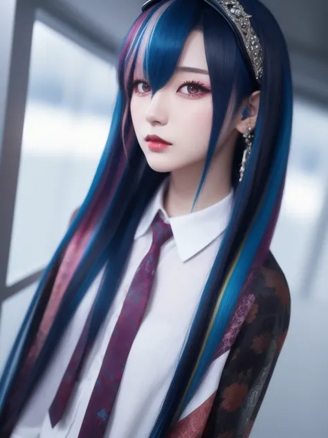 ichinose uruha, 1girl, virtual youtuber, black hair, blue hair, multicolored hair, hair between eyes, long hair, 