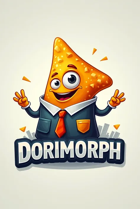 Create a logo of an animated Dorito that is a computer engineer, with "Dorimorph" written below it in a catchy way for selling chips.