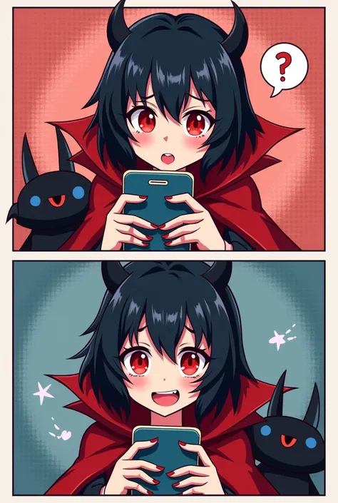 (masterpiece, best quality:1.2), comic, 2 panels, (2comic panels, dot halftone, flat color), BREAK, 1girl, black hair, red eyes, vampire girl, wearing red cloak, bat as a pet, scrolling on smart phone, BREAK, (panel one saying text "What is hentai?" with c...