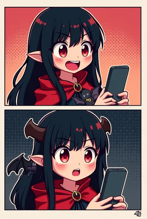 (masterpiece, best quality:1.2), comic, 2 panels, (2comic panels, dot halftone, flat color), BREAK, 1girl, black hair, red eyes, vampire girl, wearing red cloak, bat as a pet, scrolling on smart phone, BREAK, (panel one saying text "What is hentai?" with c...