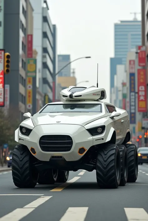 Neko-Nabe Armored Tank, armored tank with an oval iron pot motif, super vehicle, Fully air conditioned, six-wheeled off-road vehicle, monster truck, futuristic curvaceous car body, pure white car body, BREAK, running through the city during the day, obey t...