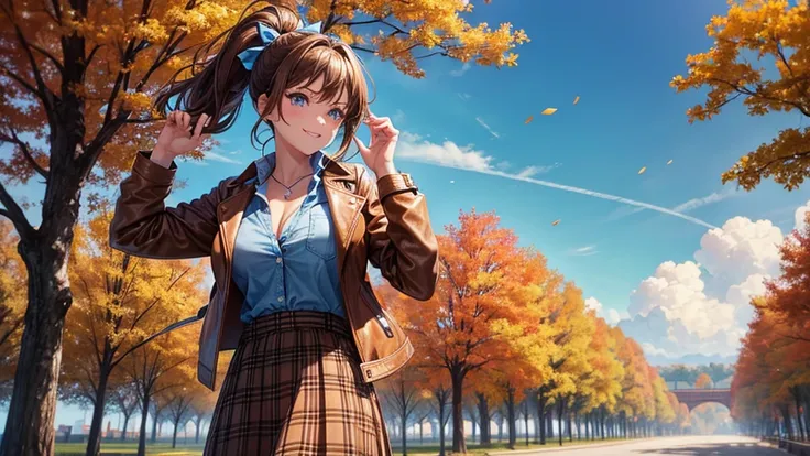 1girl, solo, trees, sun, clouds, autumn, colorful trees, falling leaves, ((brown hair)), ponytail, huge breasts, ((brown leather jacket)), button down shirt, ((blue checked shirt)), ((unbuttoned shirt)), unbuttoning buttons, cleavage 1:3, blue eyes, long s...