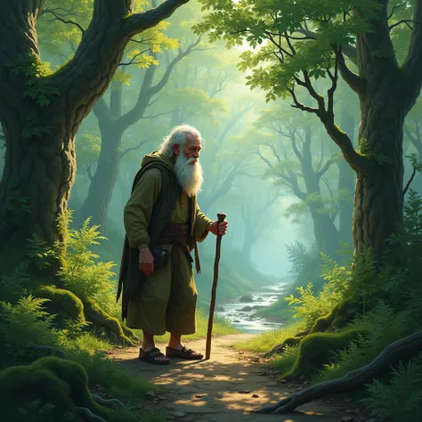 old man walk the forest
