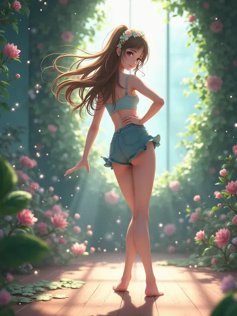 A pretty girl, 1 girl, doing exercises, in an exercise room, full body pictures, realistic anime version, fantasy, pretty face, long hair, flowers headband  -