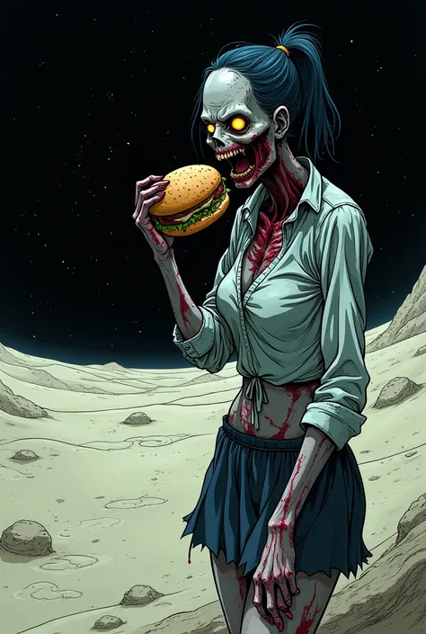 a female zombie eating a hamburger on a deserted planet in deep space, anime style