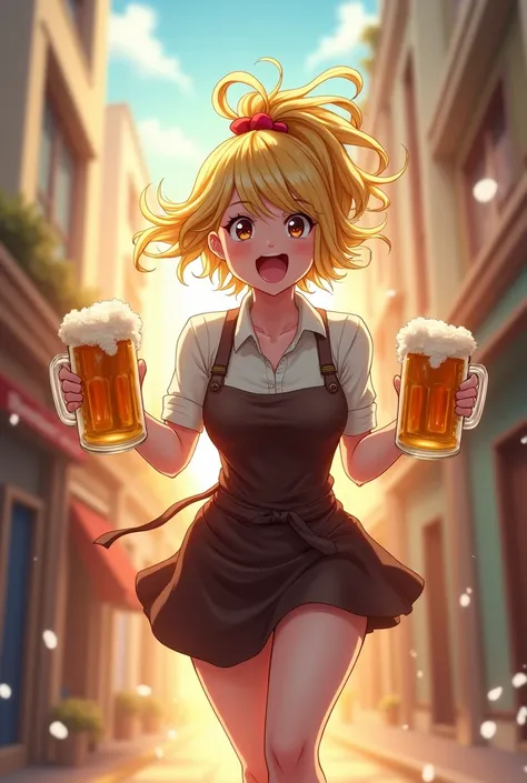 24-year-old wealthy young lady。blonde vertical perm。With a slender figure、Wearing an apron and a sling。With a beer mug in each hand、Please draw an anime style of someone running around busily.。