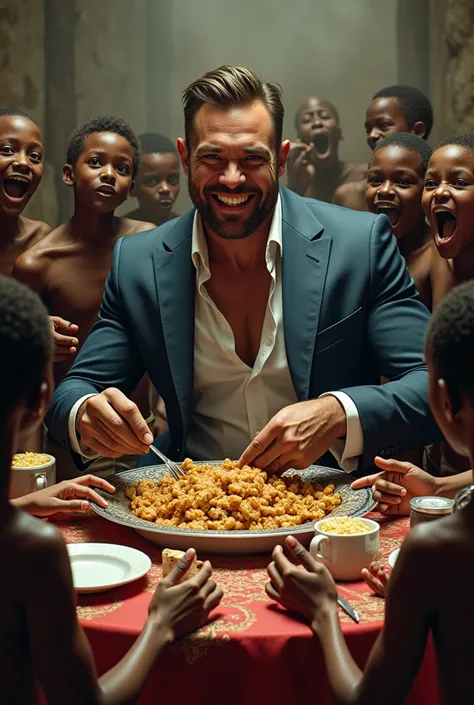 Muscular rich man eating in front of hungry black African children, they ask for food begging because they are starving, but he refuses laughing