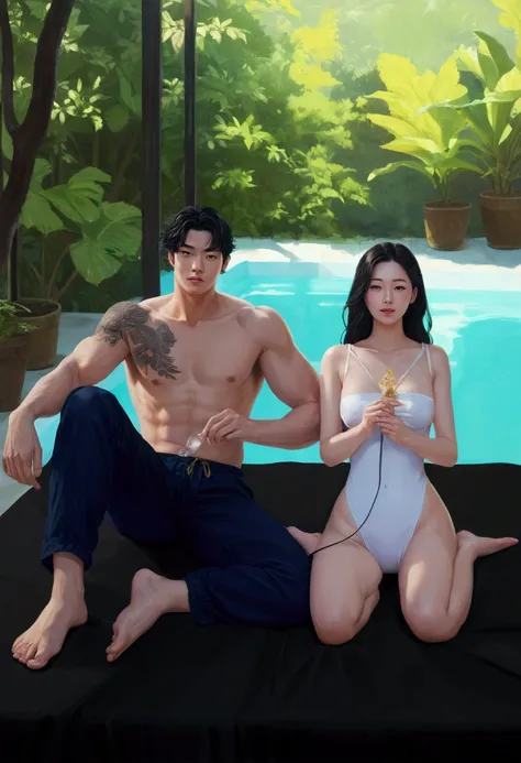 A painting of a man and woman sitting on a rumpled bed beside a swimming pool., high quality fan art, committee for high res, Inspiration from Kim Deuksin, Roberto Ferry and Ruean Jia, detailed fan art, highly detailed exquisite fan art, Jia and Brom, comm...