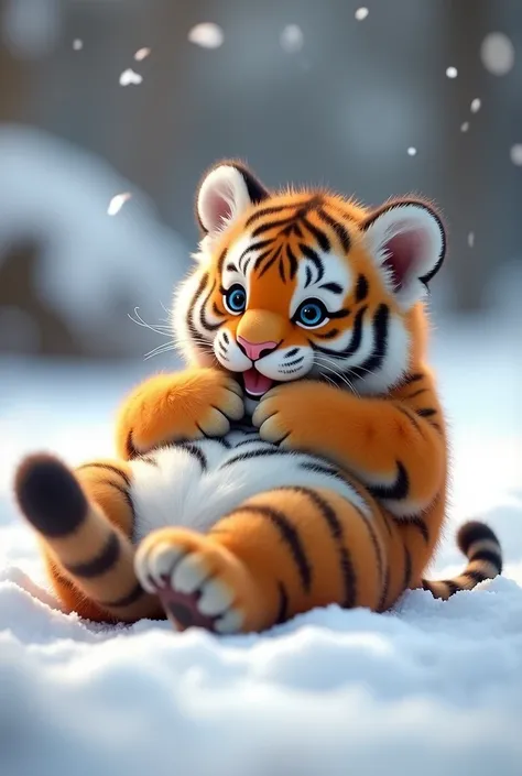 Cute little tiger，Fluffy，chubby，Round rolling，fatness，Vivid expressions，Play in the snow，Bite your own tail，Vivid expressions，Natural soft light，Soft focus filter，ultraclear，hyper-detailing，8K，photore，3 Rendering，bulging face，Round body