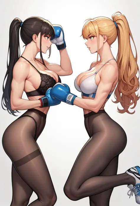 2 girls,（korean beautifull girl，18 years old,White long hair),（Japanese Girl,28 years old,Pretty Face,Slim figure,Black ponytail),Both girls are wearing lingerie，All wearing black pantyhose，Wearing boxing gloves，None of them are wearing shoes，They are boxi...