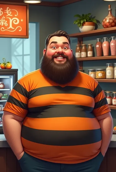 32 years old　male　Scary　Short Hair　Bearded man
Chubby　Fruit parfait shop　Store Manager
Orange and black striped T-shirt　smile