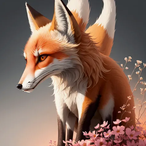 A peacefully majestic fox portrayed in abstract vector artwork is depicted against an off-white background in warm colors. Surrounding the fox are delicate wildflowers in a low poly style, with flat outlines and no shadows. The image exudes a sense of tran...