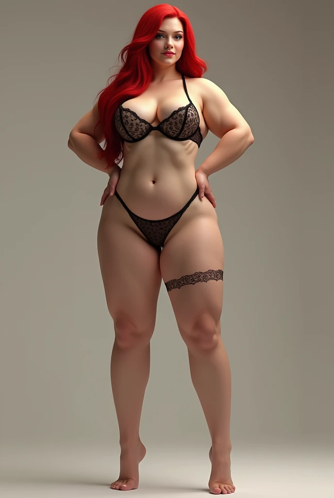 make a white woman, straight red hair,busty, big legs, muscled body, breast mark on bra, panties garter thong, sculptural body