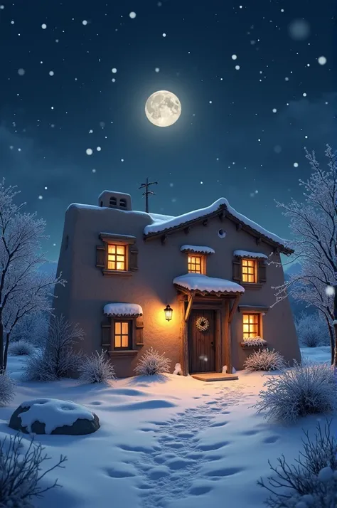 Adobe village house with snow falling at night 