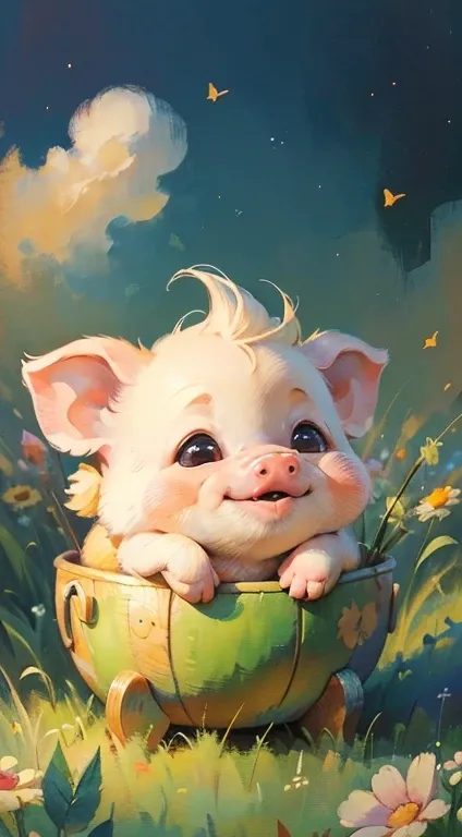 ⭐masterpiece illustration, high quality, high resolution 16k, a painting of a baby pig with a smile on it's face and big ears si...