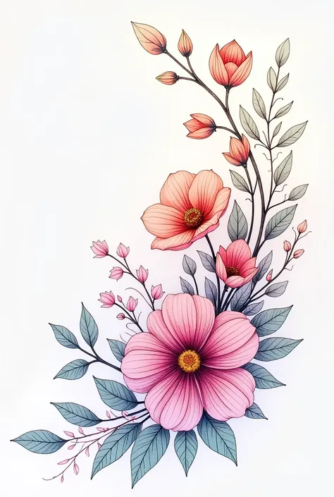 beautiful complex floral line drawing with soft shading, colorful