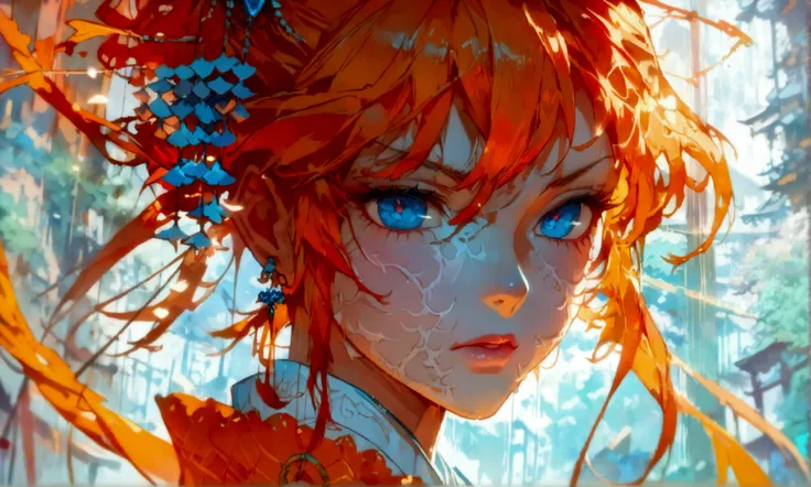 Girl, big messy orange hair, light blue eyes, white kimono with orange details, angry expression, ((Intricate anime character design inspired by Demon Slayer)), ((stunning lighting)), ((fine lines)), ((stunning focus)), ((stunning face)), ((detailed focus)...