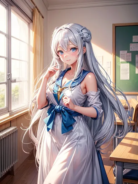 1 anime girl with long white hair and blue eyes standing in a classroom, beautiful anime girl, beautiful anime high school girl, Neru-ko chan, an anime illustration of a young woman, official art, smooth anime cg art, official character art, official anime...