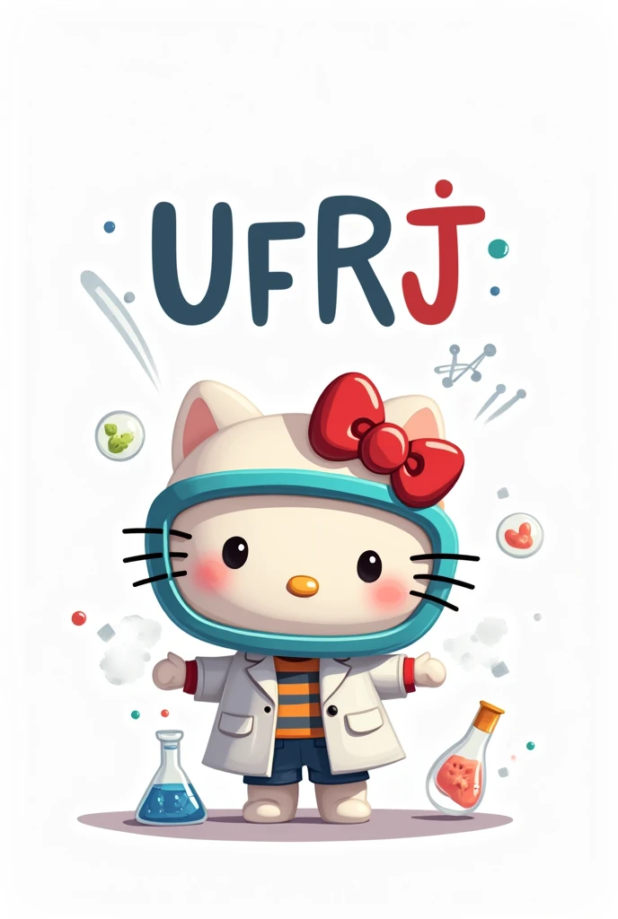 Hello kitty scientist with a white background with the words UFRJ written very large in a cute cartoon style. 