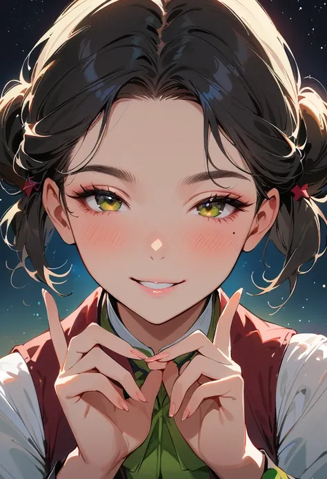 (masterpiece, best quality:1.4), 1 girl, 独奏, Star pupil, Blurred eyes, Close your left eye, Smile, Look up and down, peace gesture, Right tear mole, (Green double ponytail hairstyle:1.2),  Royal sister, large breasts, Vest, Midnight starry sky background.