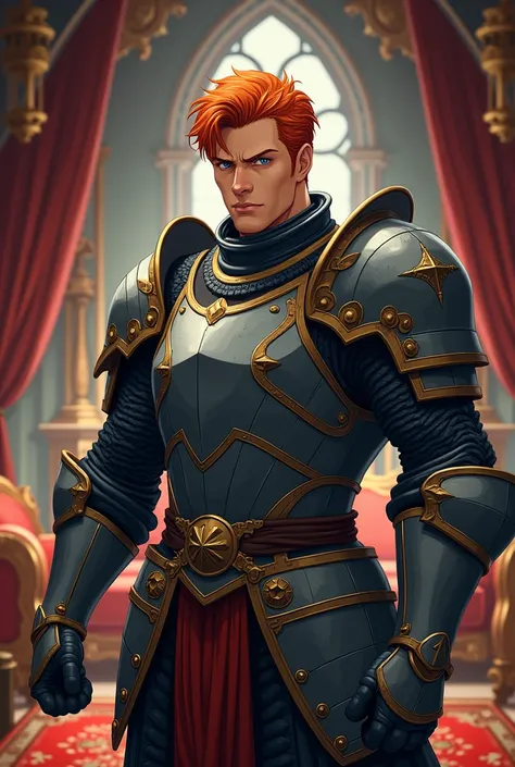 :{{upper body, dutch angle}} {{Artist: sincos}} 1man, mature male, ginger hair, short hair, blue eyes, wearing armor, indoors, living room, standing, pov, medieval fantasy. Anime style