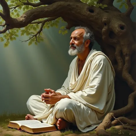 A classic oil painting of a stoic philosopher meditating under an old tree, sunlight shining through the foliage creates a peaceful and quiet space. The philosopher wears a simple white robe, signifying humility and inward focus. His face shows calmness an...