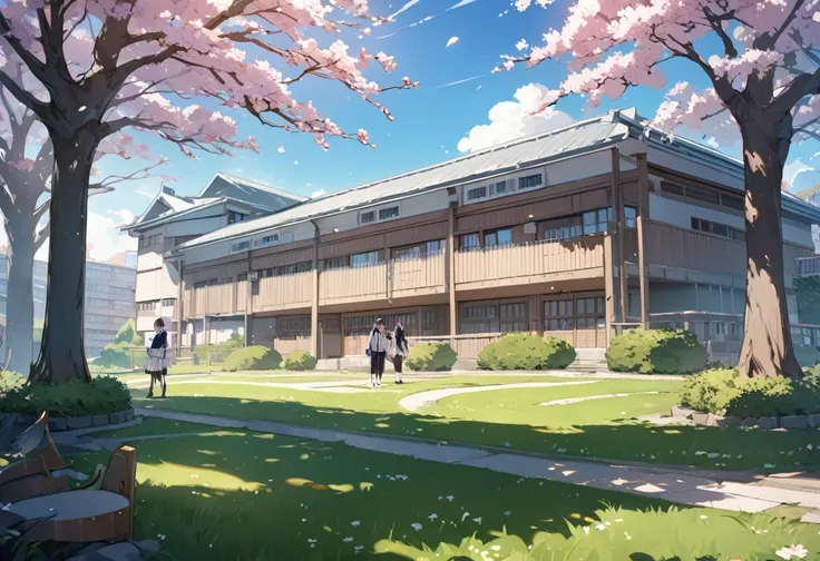 japanese high school building, school grounds, school building, spring, beautiful landscape, clear skies, masterpiece quality, ultra HD, 4K, best quality 