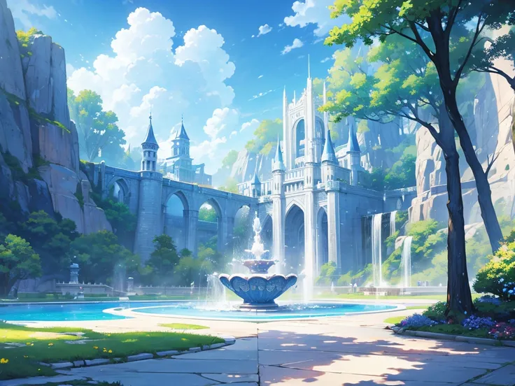 School of Fantasy、magic、Large fountain、The perspective of looking up at the blue sky、Delicate anime style background