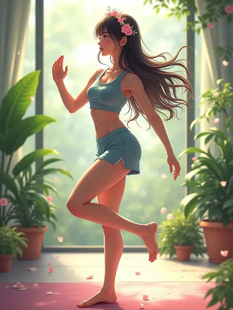 A pretty girl, 1 girl, doing exercises, in an exercise room,  wearing beautiful casual clothes, pretty eyes, niji version, fantasy, pretty face, long hair, flowers headband