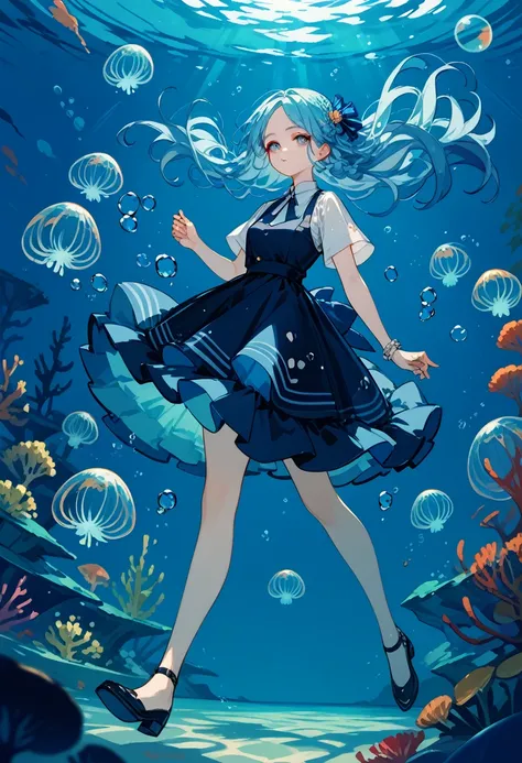 score_9_up,score_8_up,score_7_up,score_6_up, hadrian, 1girl, curls of hair, wearing a light blue aesthetic jellyfish dress, Underwater 