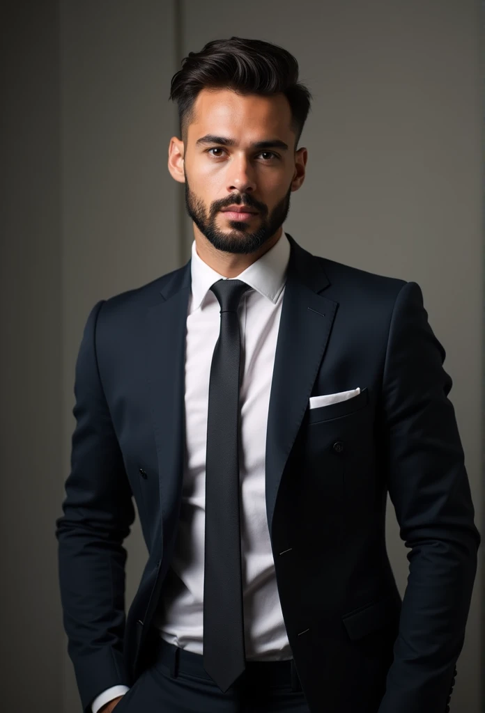 attractive 30 year old man in Hugo Boss suit , Nice beard , executive sexy man, Suit then, Front camera focus, portrait mode, perfectly straight in front of the camera