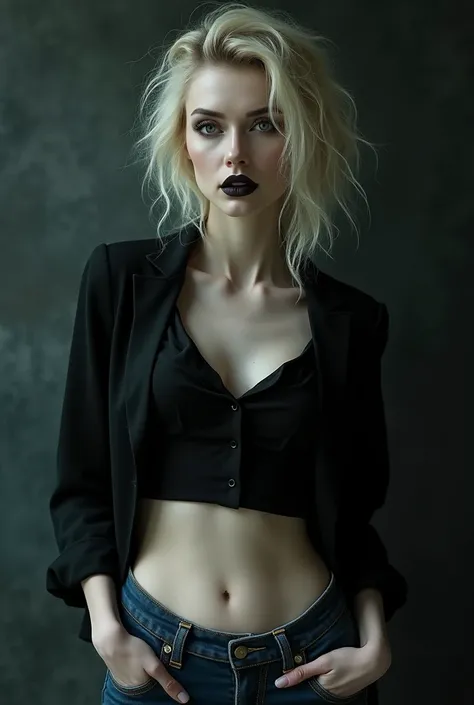 Gothic Blonde wearing a black crop top with medium long sleeves and blue narrow jeans