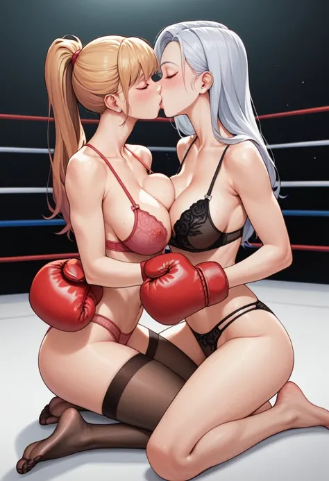 2 girls,（korean beautifull girl，18 years old,White long hair，Slim figure),（Japanese Girl,28 years old,Pretty Face,Slim figure,Black ponytail),Both girls are wearing lingerie，They are all wearing black tights，Wearing boxing gloves，They were all barefoot，Kis...