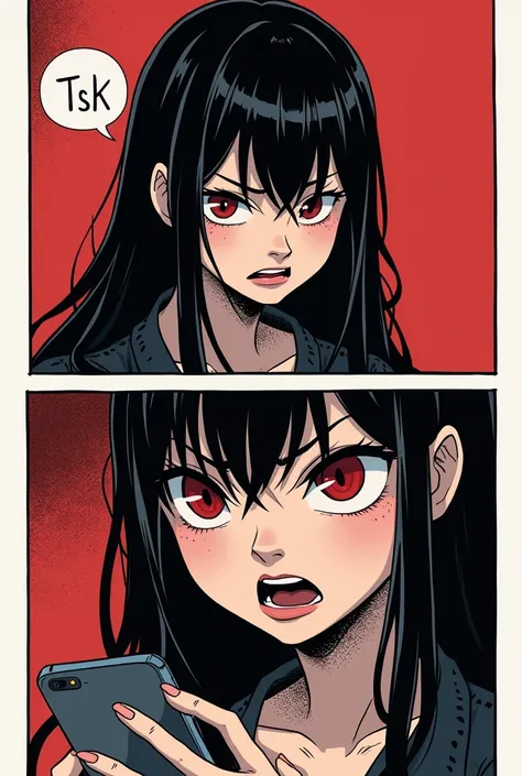 (masterpiece, best quality:1.2), comic, 2 panels, (2comic panels, dot halftone, flat color), separate panels, black hair, red eyes, vampire girl, scrolling on smart phone, (saying "Tsk" with angry face)