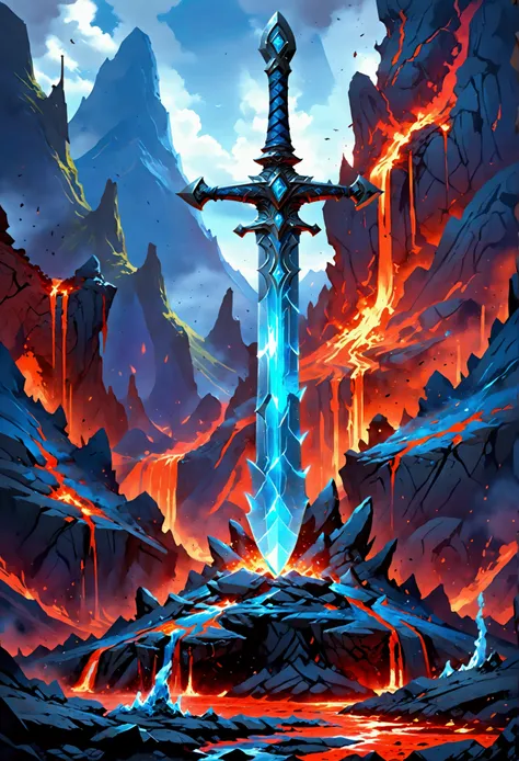 an giant sized sword surrounded with blue flame  stands on its point in volcano, a masterful sword made from diamond, epic sword, divine sword, (mountain sized sword: 1.5), its glistening in the sun, it has many facets, blue flames surround it GlowingRunes...