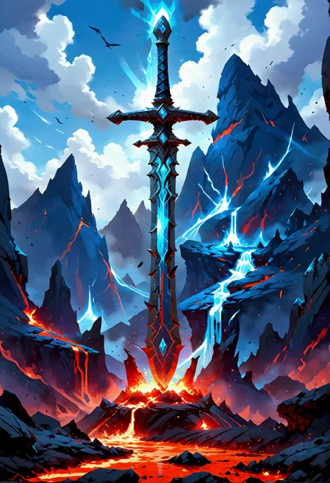 an giant sized sword surrounded with blue flame  stands on its point in volcano, a masterful sword made from diamond, epic sword, divine sword, (mountain sized sword: 1.5), its glistening in the sun, it has many facets, blue flames surround it GlowingRunes...