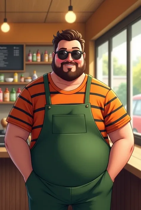 32 years old　male　　Short Hair　Beard
Chubby　Fruit Parfait Shop Manager
Orange and black striped T-shirt　Smile
Round sunglasses　The arms are thick　Green apron