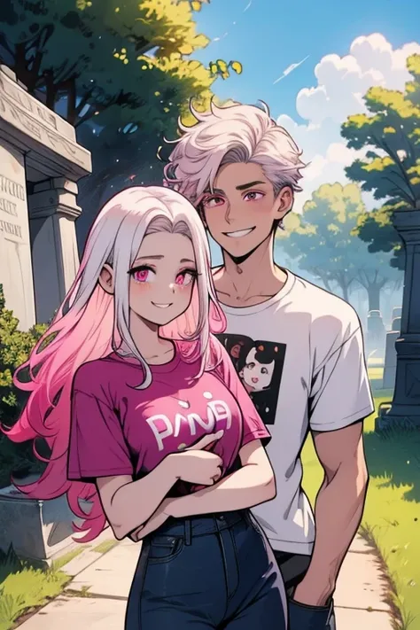 One man. One woman. Perfect faces. Perfect hands. A pink haired woman with violet eyes with an hourglass figure in a summer dress is eating lunch with a young white haired man with red eyes in a t-shirt and jeans in a cemetery with big smiles