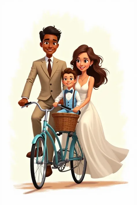 Imagine a cartoon drawing with an aged effect, with soft colors. The newlywed couple, ride on a vintage blue two-seater bicycle. The man is cinnamon skin, delgado, with beige suit, He wears a brown tie. The woman, with a white wedding dress and long brown ...