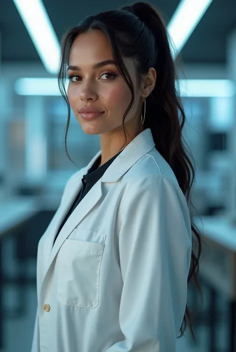 hyper realistic portrait of Jennifer Lopez 20 years old, with long flowing black hair and brown eyes. She should have a natural, approachable expression and be lit by soft, blue light, canon eos r5, raw format, wearing detailed lab coat, skilled in robotic...