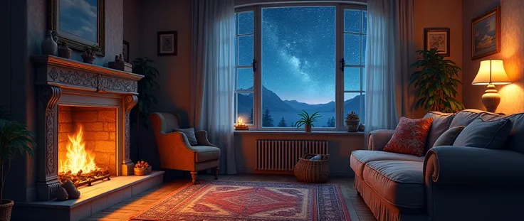 stars appearing in the side window, a brightly lit living room with a fireplace and sofa, cozy home background, detailed lighting and textures, cozy living room background, cozy place, cozy wallpaper, cozy and calm, cozy envirnment, cozy envirnment, Detail...