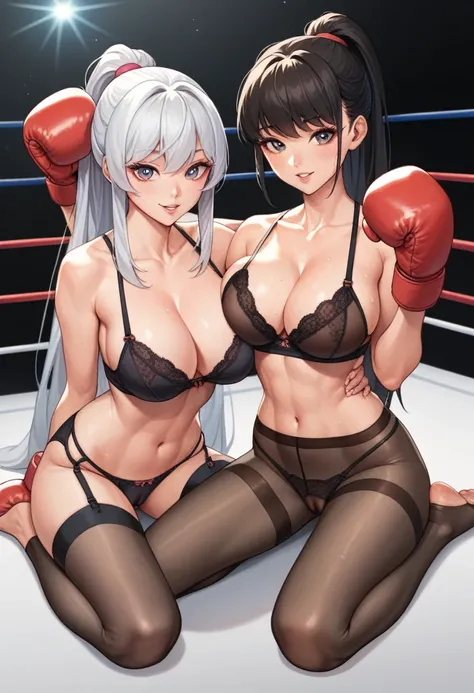 2 girls,（korean beautifull girl，18 years old,White long hair，Slim figure),（Japanese Girl,28 years old,Pretty Face,Slim figure,Black ponytail),Both girls are wearing lingerie，They are all wearing black tights，Wearing boxing gloves，They were all barefoot，Sit...