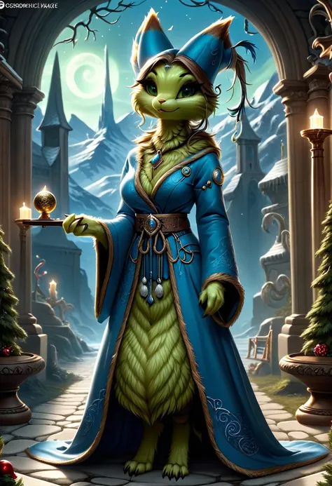 anthropomorphic female grinch grasshopper mage. official art – charecter profile. an award-winning digital masterpiece in 4k ult...