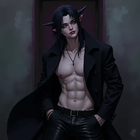 
((Best quality)), ((masterpiece)), 8k (detailed), ((perfect face)) ((fullbody)), perfect proportions, He is a gorgeous devil, his facial features delicate and perfect. He has black long hair and teal-blue eyes. Wearing black shiny leather jeans and a blac...