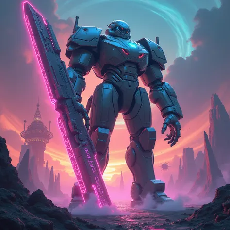 Giant Weapon in hand, full body, Synthwave art style, retro-futuristic aesthetic, vibrant neon colors, nostalgic 80s imagery, futuristic landscapes, nostalgic and atmospheric, (best quality, masterpiece, photorealistic), very aesthetic, perfect composition...