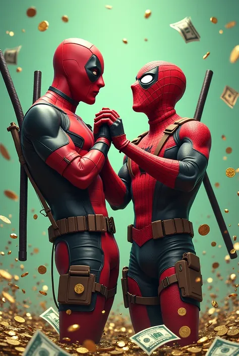 Deadpool playing with spiderman, dollar bills, diamonds, coins, background in light green and Uni Duni Te as the tittle