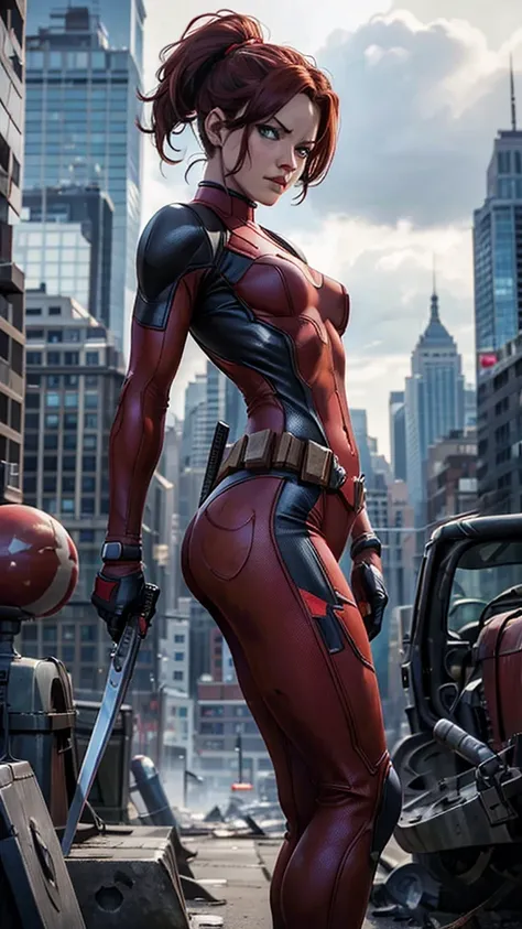 Deadpool, (Marvel comics), Marvel X-Men, sexy girl, powerful, red classic sexy suit, broken suit, Young, skynny body, small and beautiful buttocks, toned abdomen, small and beautiful breasts, nija sword, guns, very sensual, she is fighting in the city, , p...