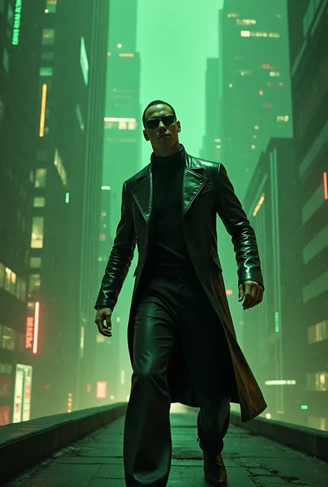 Matrix dodging bullets with glasses ,A stunning rendition of Neo in his iconic Bullet Time dodge, on the rooftop of skyscrape, in a vibrant cyberpunk metropolis.He stood on the rooftop and bent his body backward, dodging many of the bullets that came whizz...